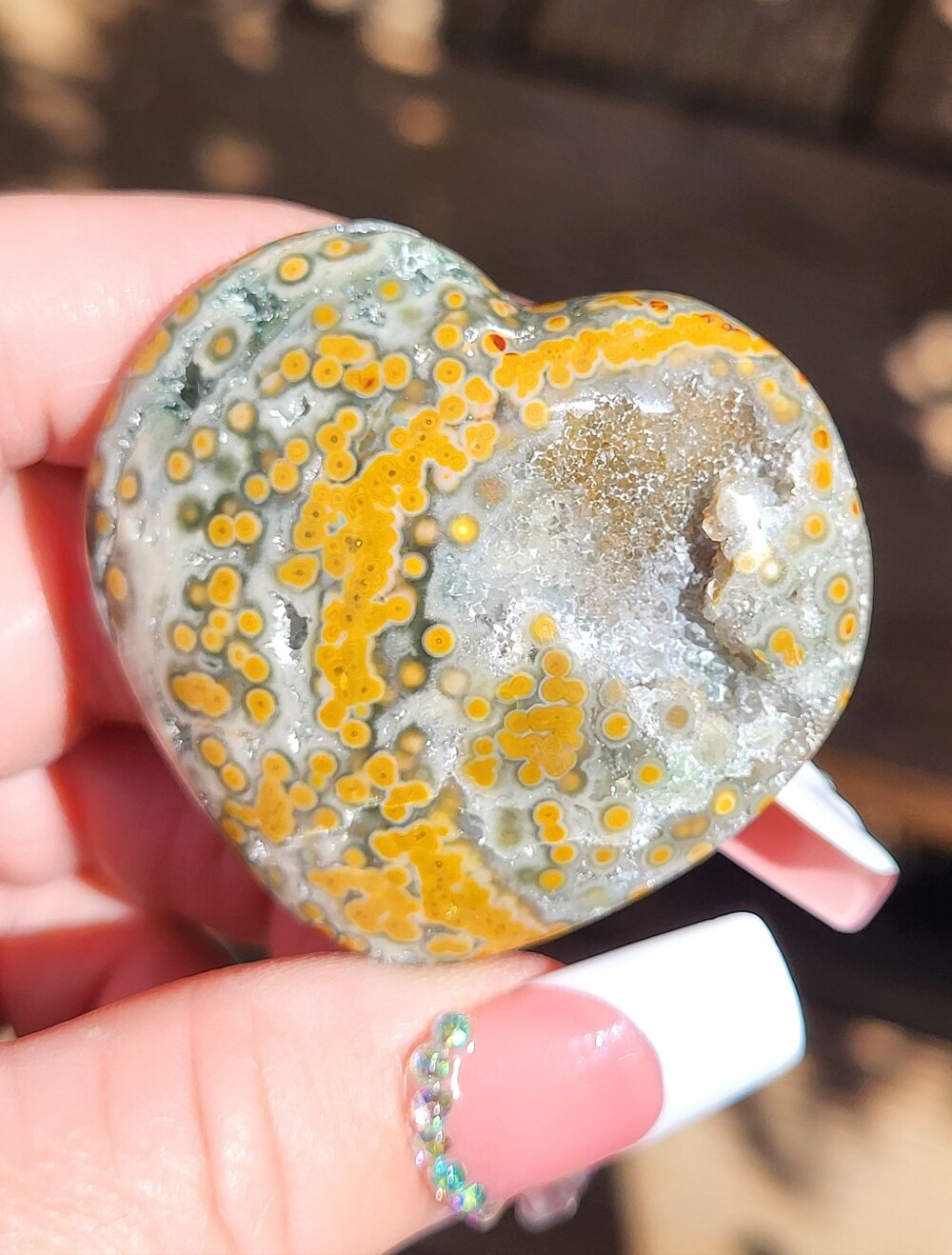 Hand-Carved Ocean Jasper Heart-Yellow and Green